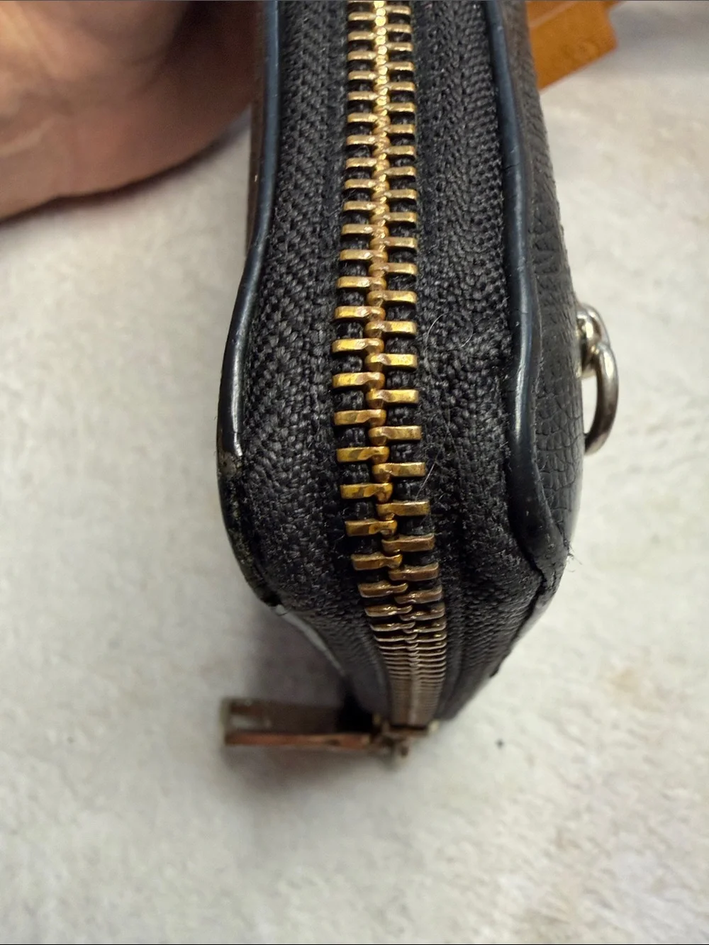 Coach Tan Black Leather Zip Wallet with Logo Plaque
